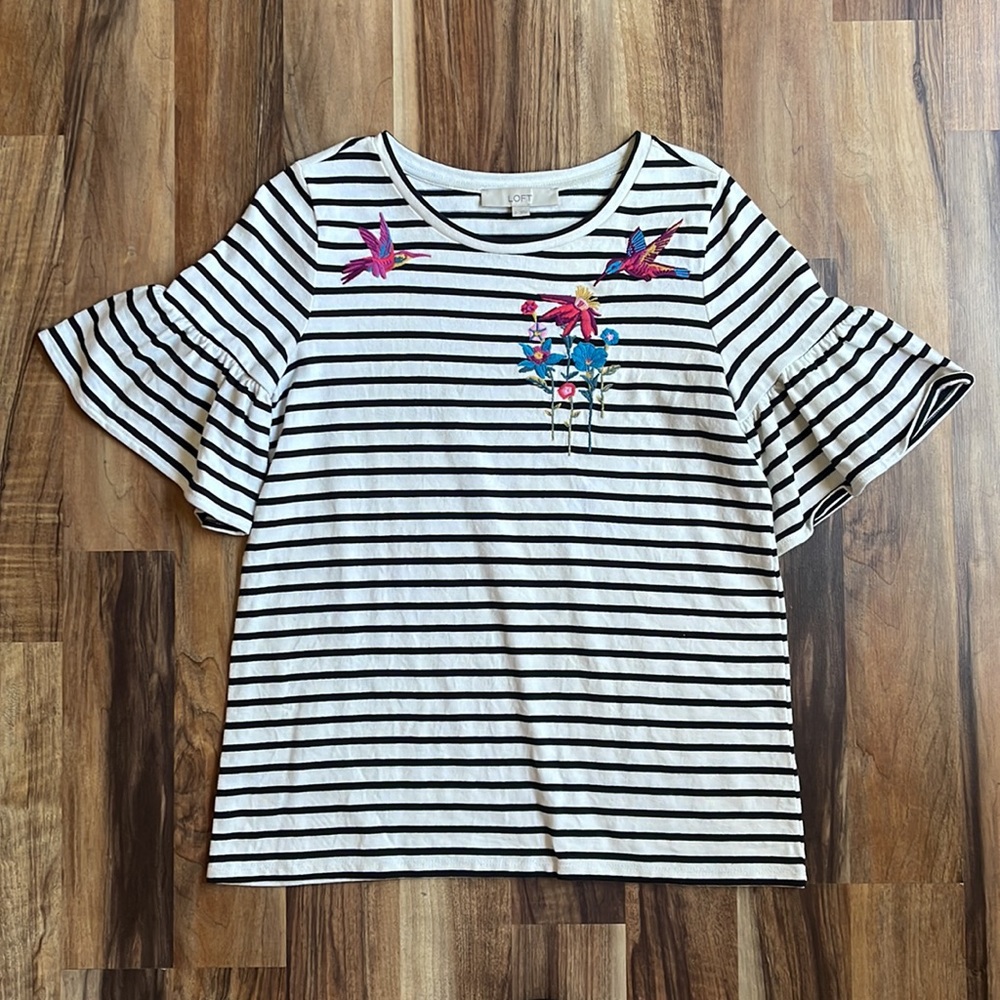 LOFT Striped Hummingbird Ruffle Sleeves Top